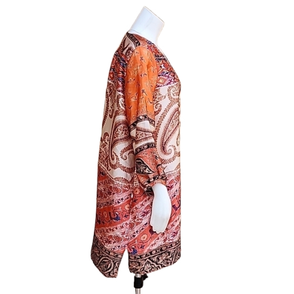 ZARA Paisley Tunic Top L Satin Blouse Orange Long Shirt Boho Convertible Sleeves - Picture 5 of 15